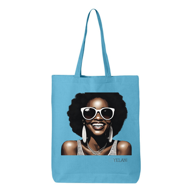 Hi There! Gusseted tote bag featuring an illustration of a beautiful woman with sunglasses and an afro.